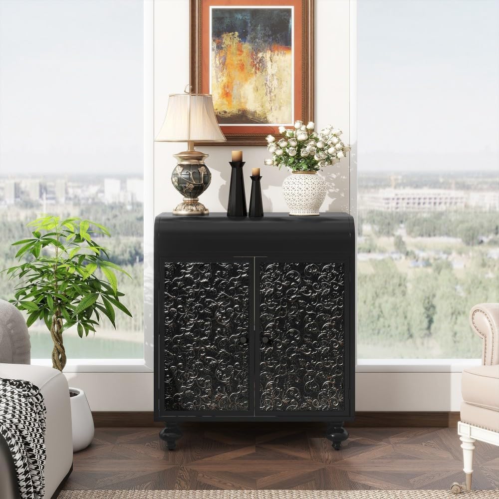 ya 28 10.13 baidi Art Accent Cabinet Black,Embossed Pattern, Sideboard Buffet Storage for Ent