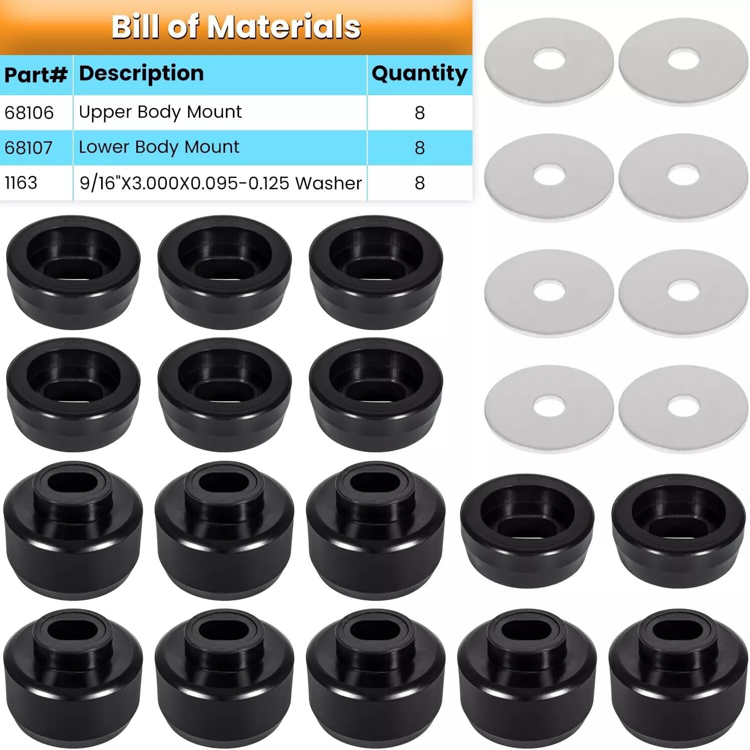 ya 2 8.15 7-141 Body Cab Mount Bushing Kit Washers fit 99-14 for Chevy for Silverado & for GMC Sierra