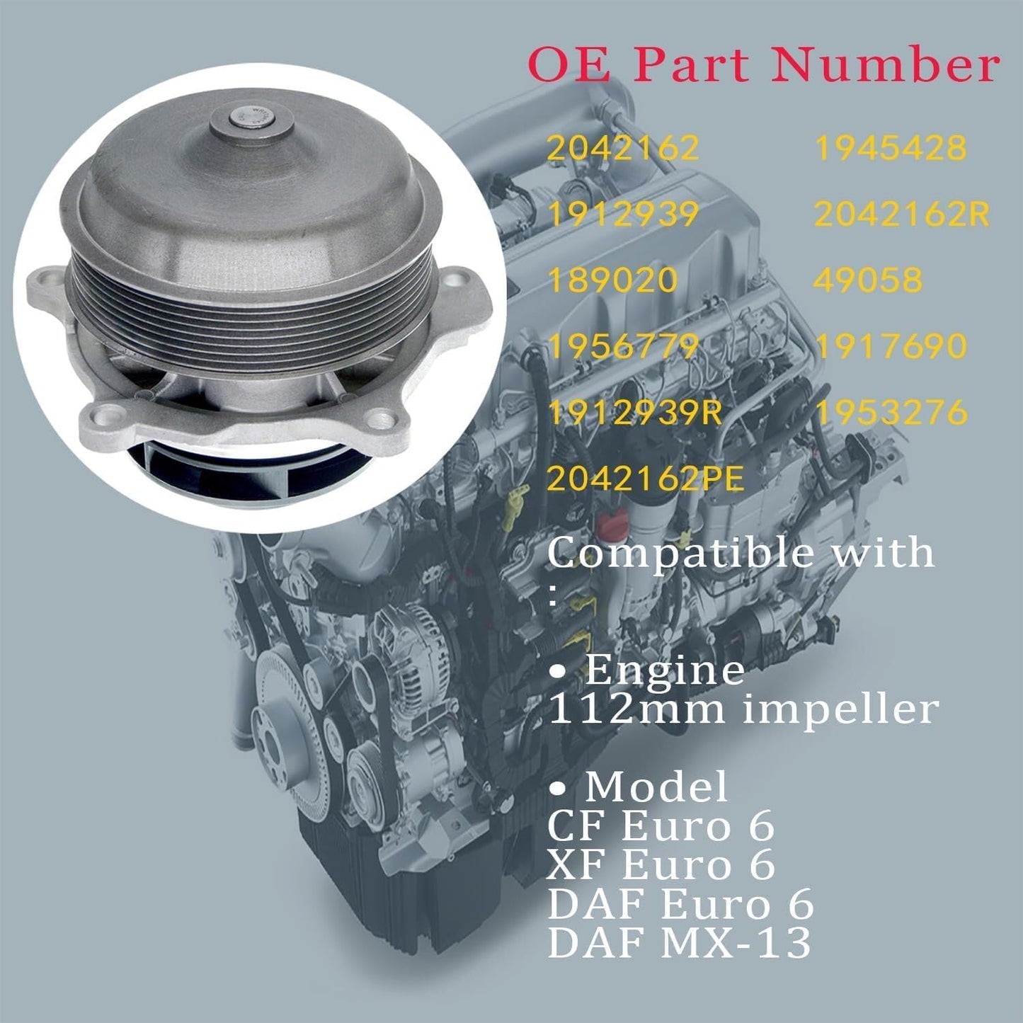 ya 4 8.24 baidi Water Pump for 2010-2022 for Peterbilt MX-13 Series Paccar 2042162/2042162PE