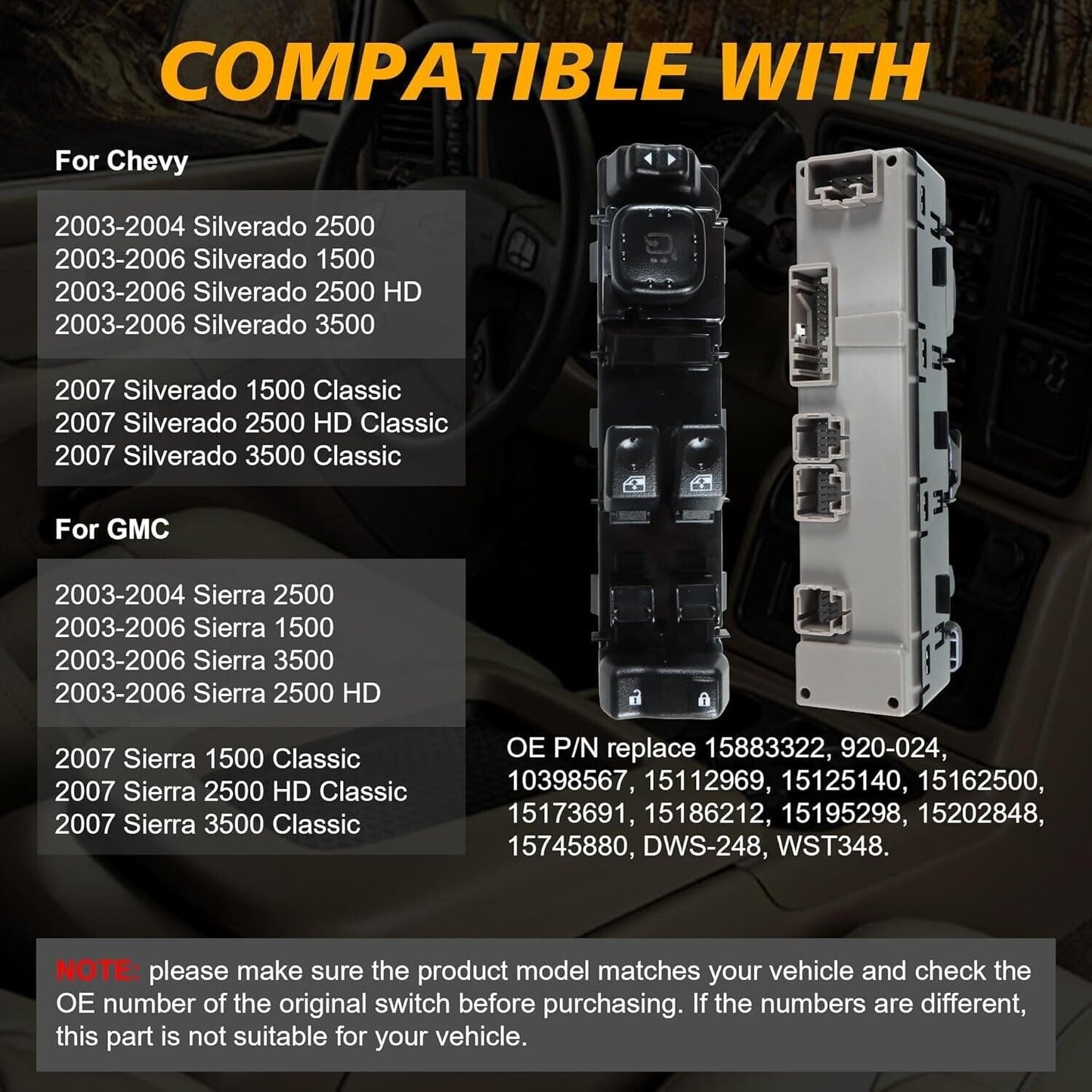 ya 8 8.24 baidi 15883322 Driver Side Master Power Window Switch for Chevrolet for GMC for Silverado 03-07