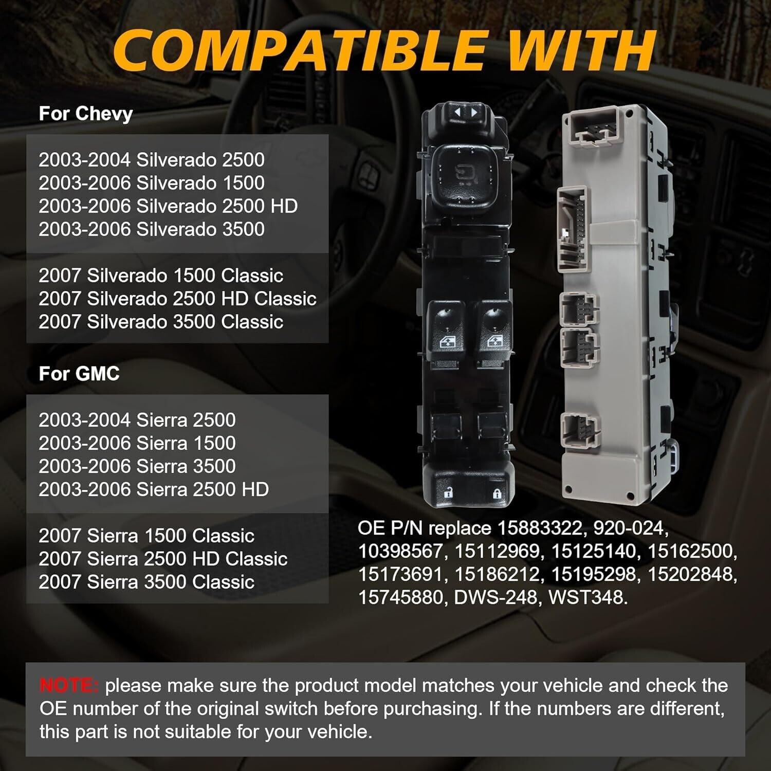 ya 8 8.24 baidi 15883322 Driver Side Master Power Window Switch for Chevrolet for GMC for Silverado 03-07