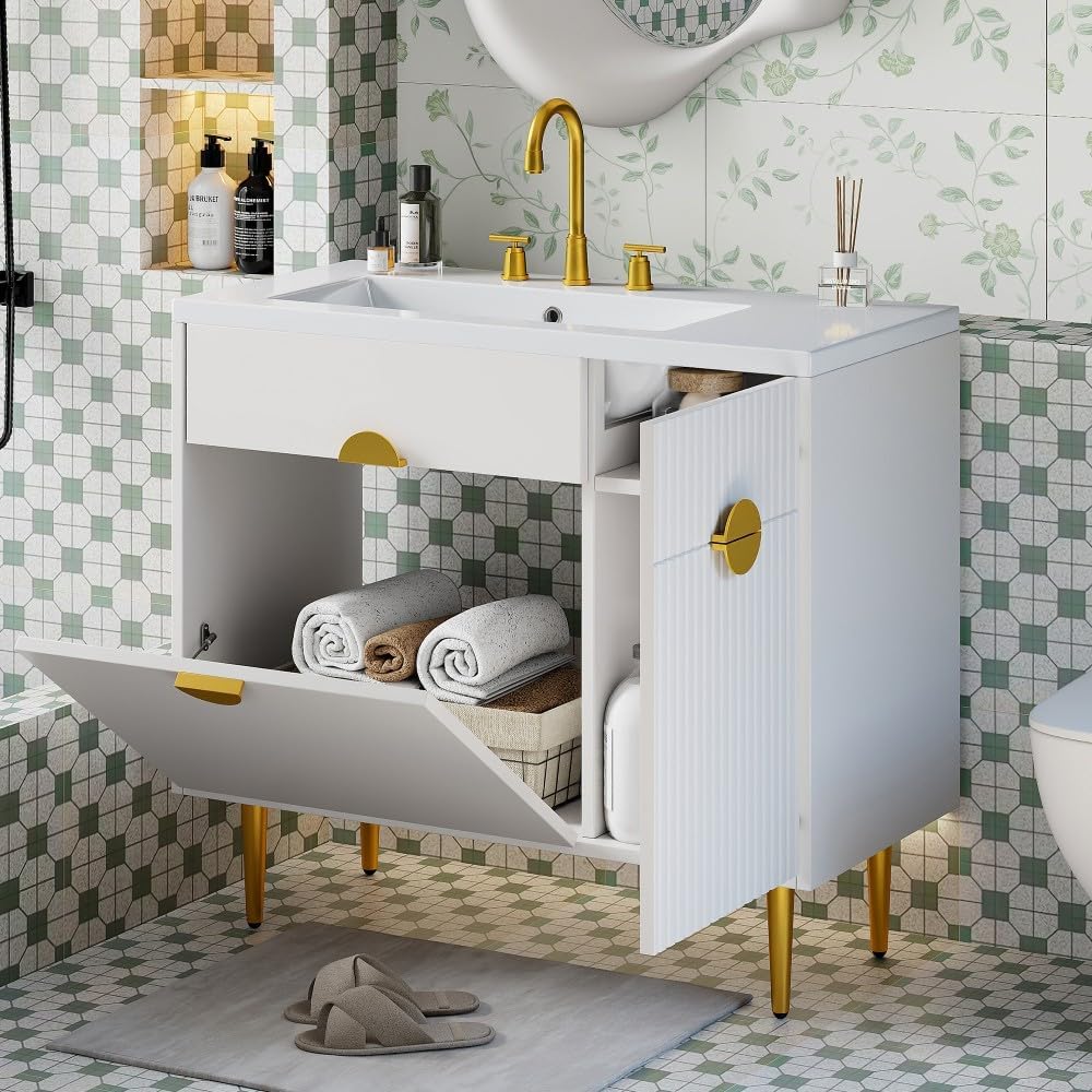 ya 28 10.13 baidi 36 Bathroom Vanity White Resin Basin - Modern Storage Cabinet,Soft-Closing