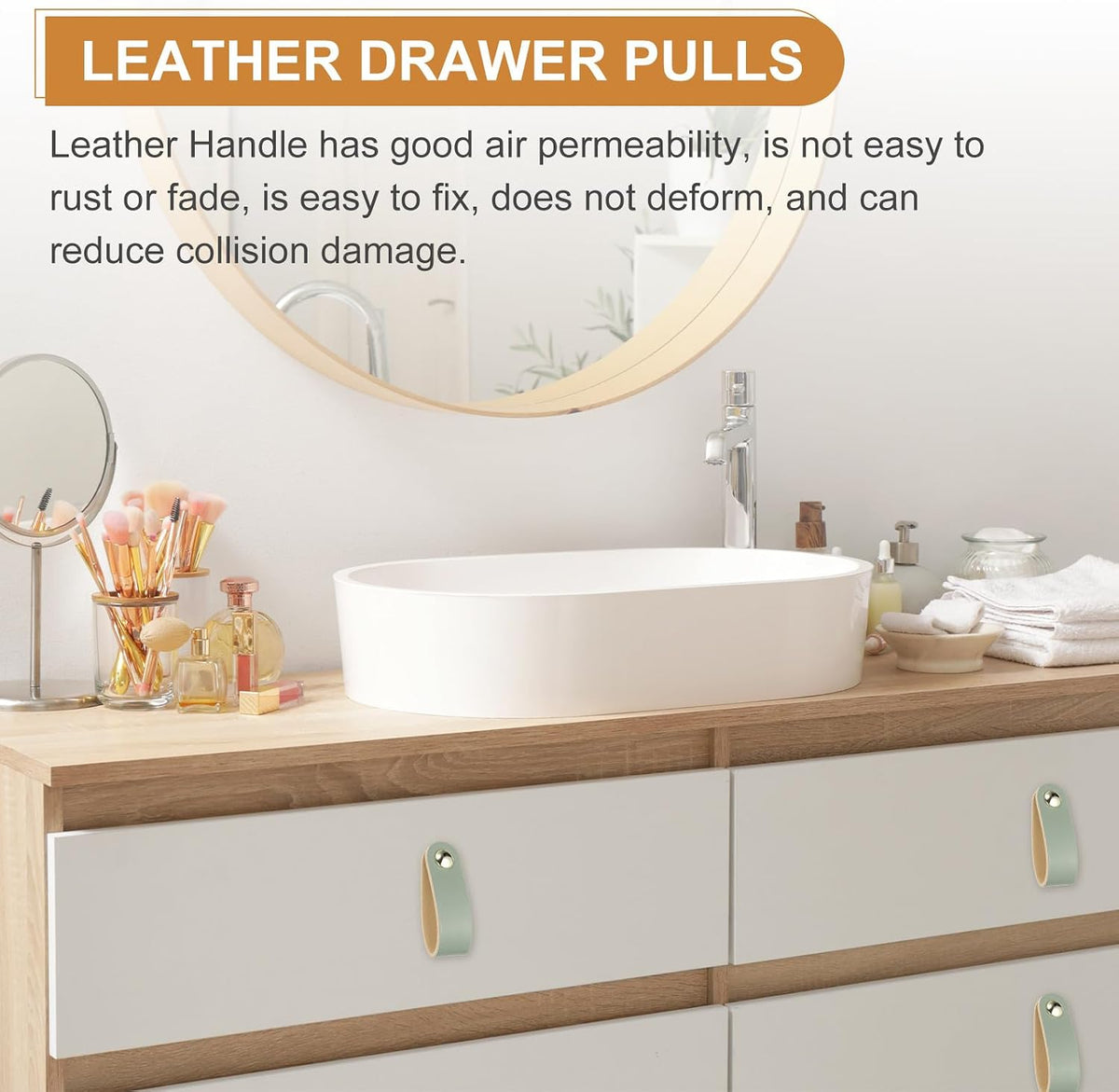 ya 26 10.21 baidi 4 Pcs Leather Drawer Pulls Single Hole Leather Handle with Screws Beige