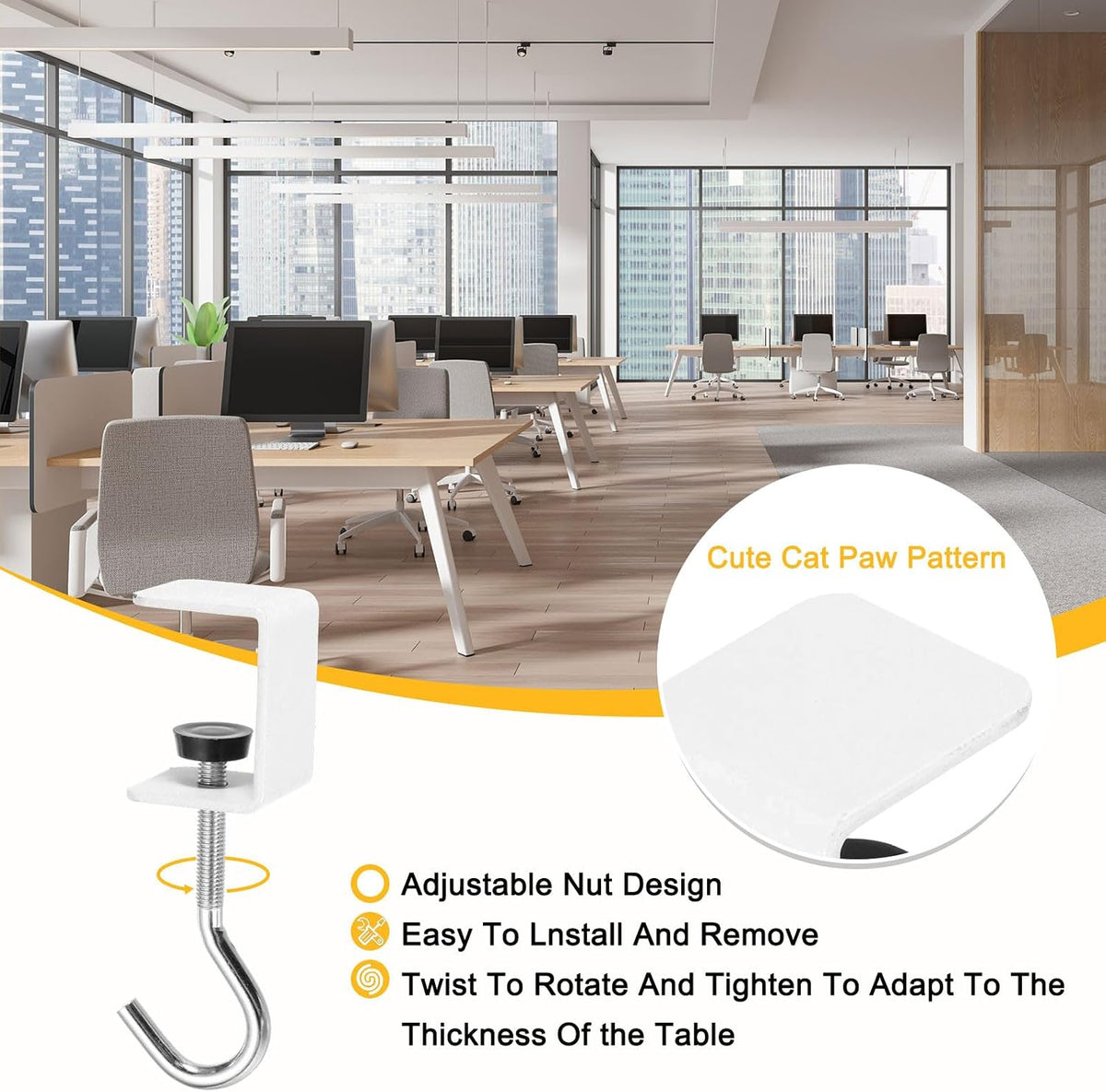 ya 26 10.21 baidi 2Pcs Desk Hook Desk Mount Bag Holder Hook Square J Hooks Desk Clamp White