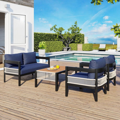 ya 28 10.13 baidi U-Style Blue Multi-Person Iron Sofa Set - Table, Rattan Decor