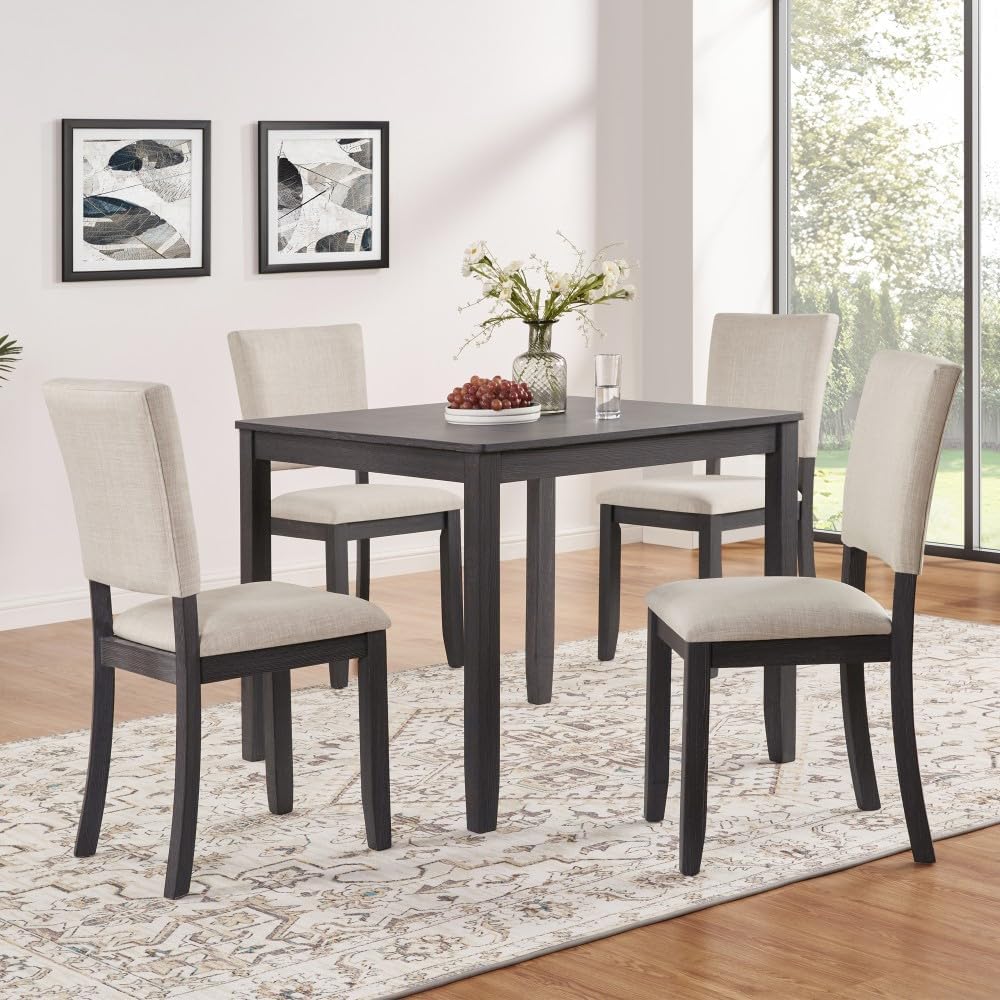 ya 28 10.13 baidi Modern Dining Table Set Wooden-5-Piece, 4 Chairs,Antique Black+Beige for Ki
