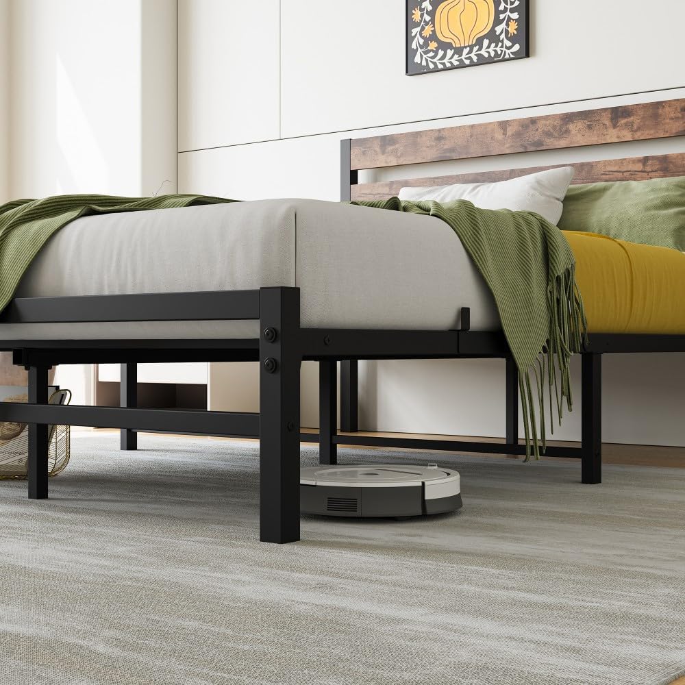 ya 28 10.13 baidi Rustic Vintage Full Platform Bed No Box Black Wood Headboard&Metal Slats