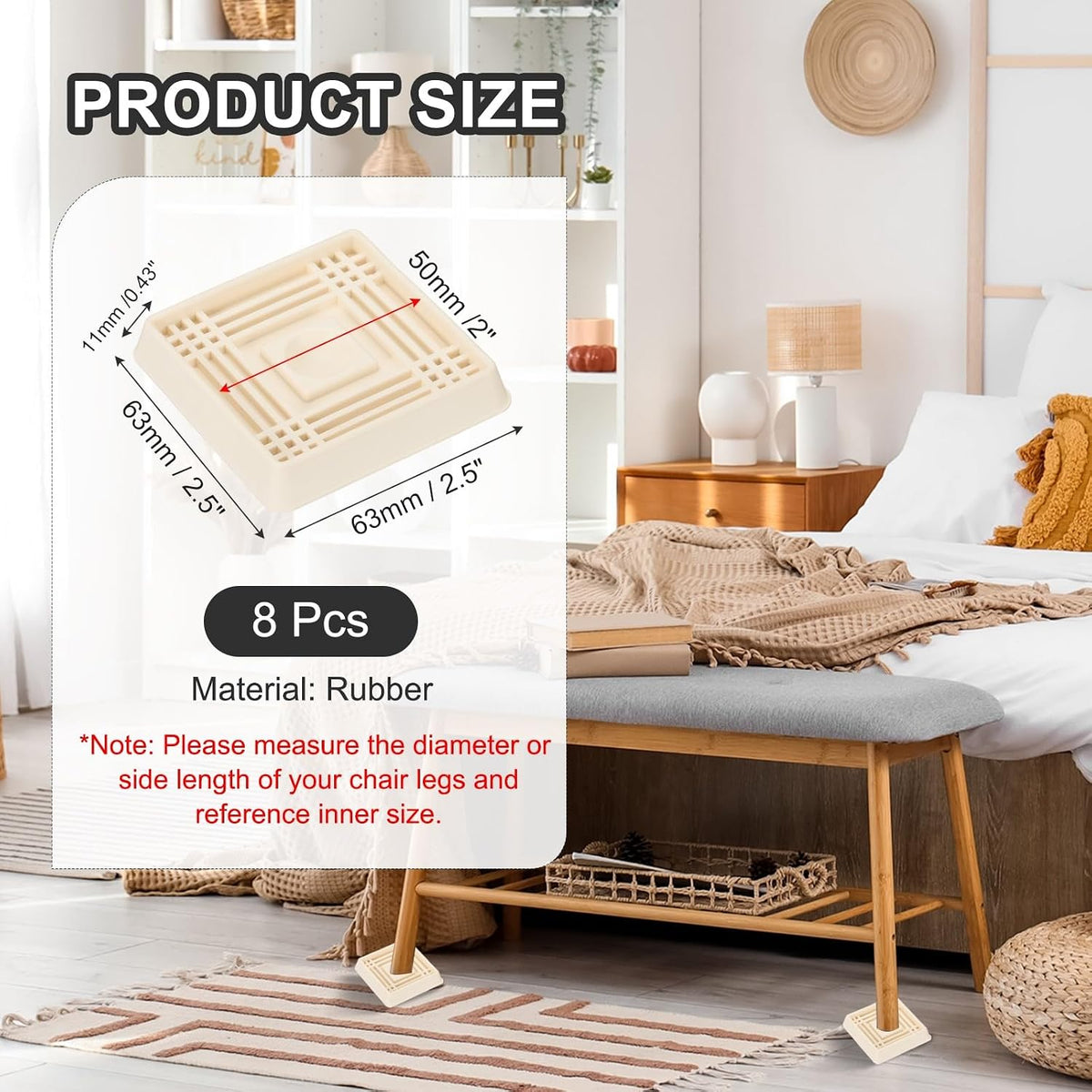 ya 26 10.21 baidi 2x2 Caster C, 8 Pcs Rubber Non-Slip Square Furniture Feet, White
