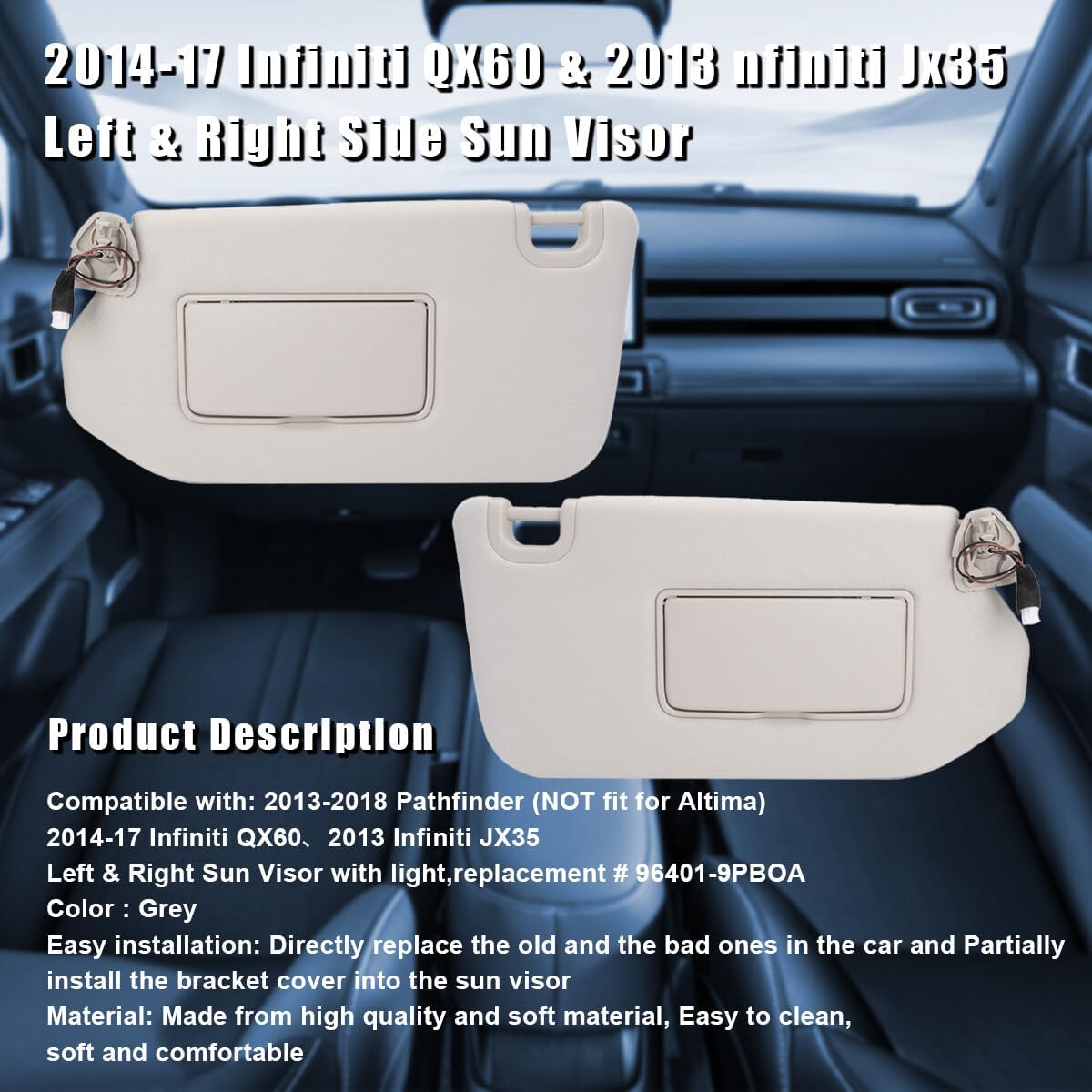 ya 11 9.14 baidiPair RH+LH Interior Sun Visor Shade Grey W/Light for Nissan Pathfinder 2013-2018