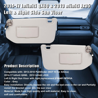ya 11 9.14 baidiPair RH+LH Interior Sun Visor Shade Grey W/Light for Nissan Pathfinder 2013-2018