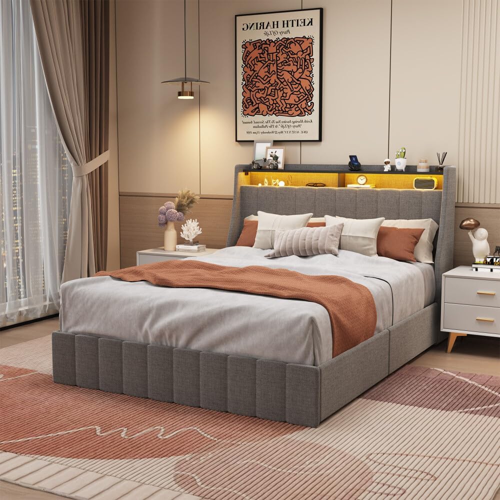 ya 28 10.13 baidi Light Grey Queen Size Bed Frame w/ LED, 4 -Bed Drawers, Wing Headboard