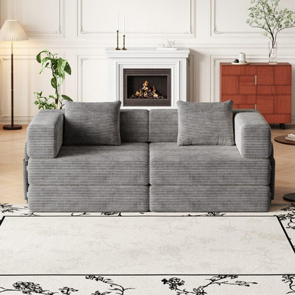 ya 28 10.13 baidi 72.4 Grey Convertible Corduroy Sofa Bed,2 Side Storage Pockets, 2 Cushions