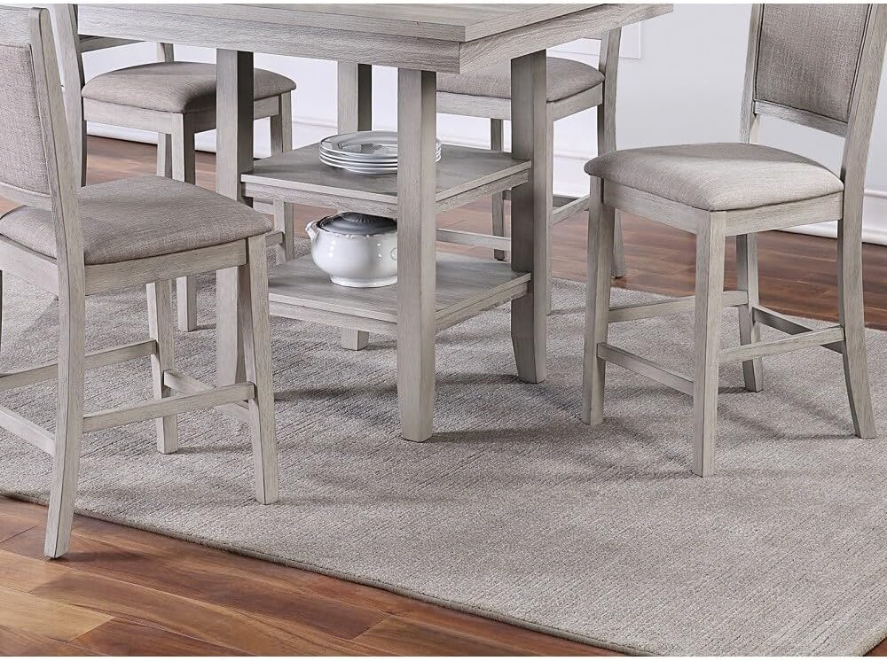 ya 28 10.13 baidi 5pc Counter Height Dining Set Grey, Square Table w/Shelves, Cushioned Chair