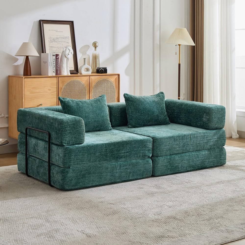 ya 28 10.13 baidi Chenille Compression Sofa Dark Green - Convertible Floor Sofa Bed,No Assemb