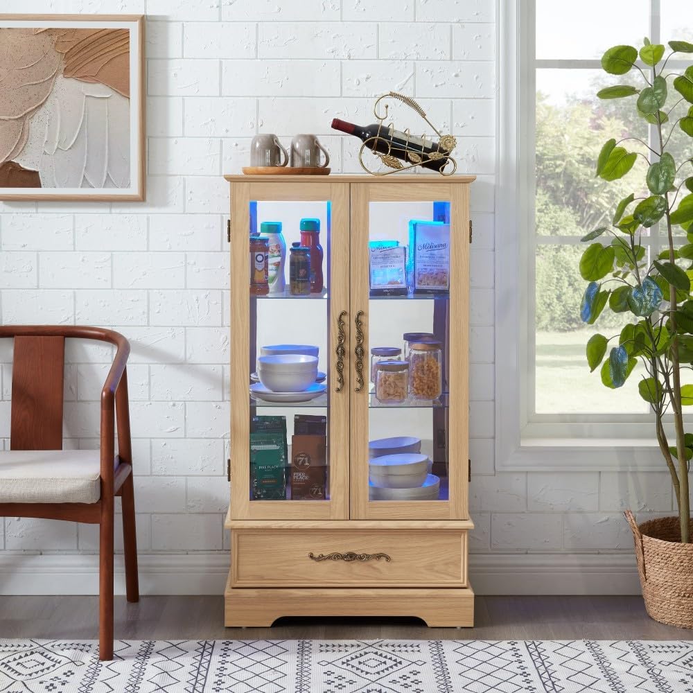 ya 28 10.13 baidi Light Oak Lighted Glass Curio Cabinet - 2 Doors, 1 Drawer, Adjustable Shelv