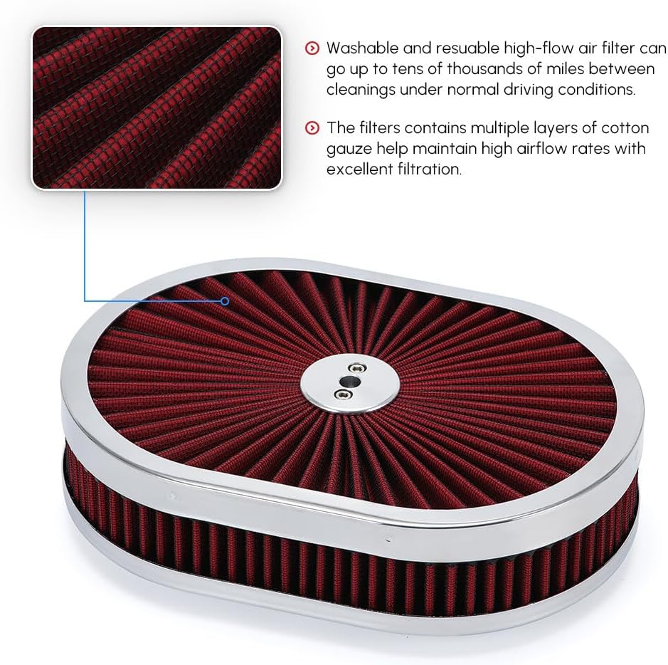 ya 5 8.24 baidi Universal Super Flow 12 Oval Washable Air Cleaner Red Element & Chrome Lid GM