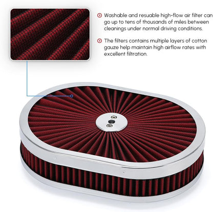 ya 5 8.24 baidi Universal Super Flow 12 Oval Washable Air Cleaner Red Element & Chrome Lid GM