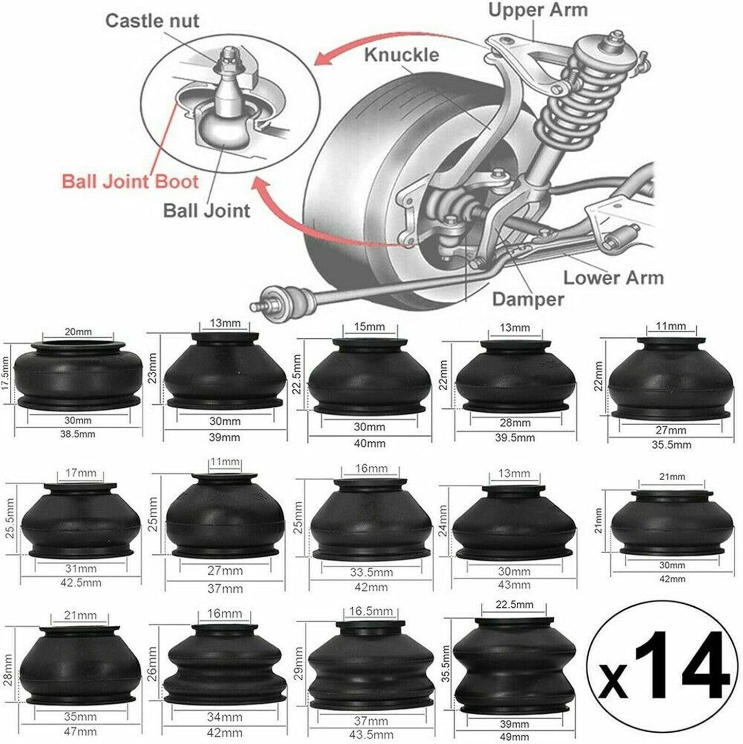 ya 4 8.24 baidi 14 Pack Universal Rubber Tie Rod End Ball Joint Dust Boots Dust Cover Boot Gaiters