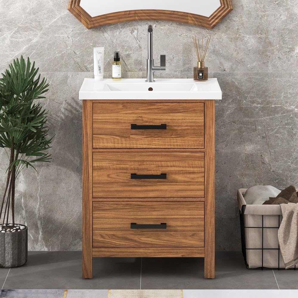 ya 28 10.13 baidi 24'' Bathroom Vanity Modern Ceramic Basin - 3 Drawers Cabinet, Single Sink