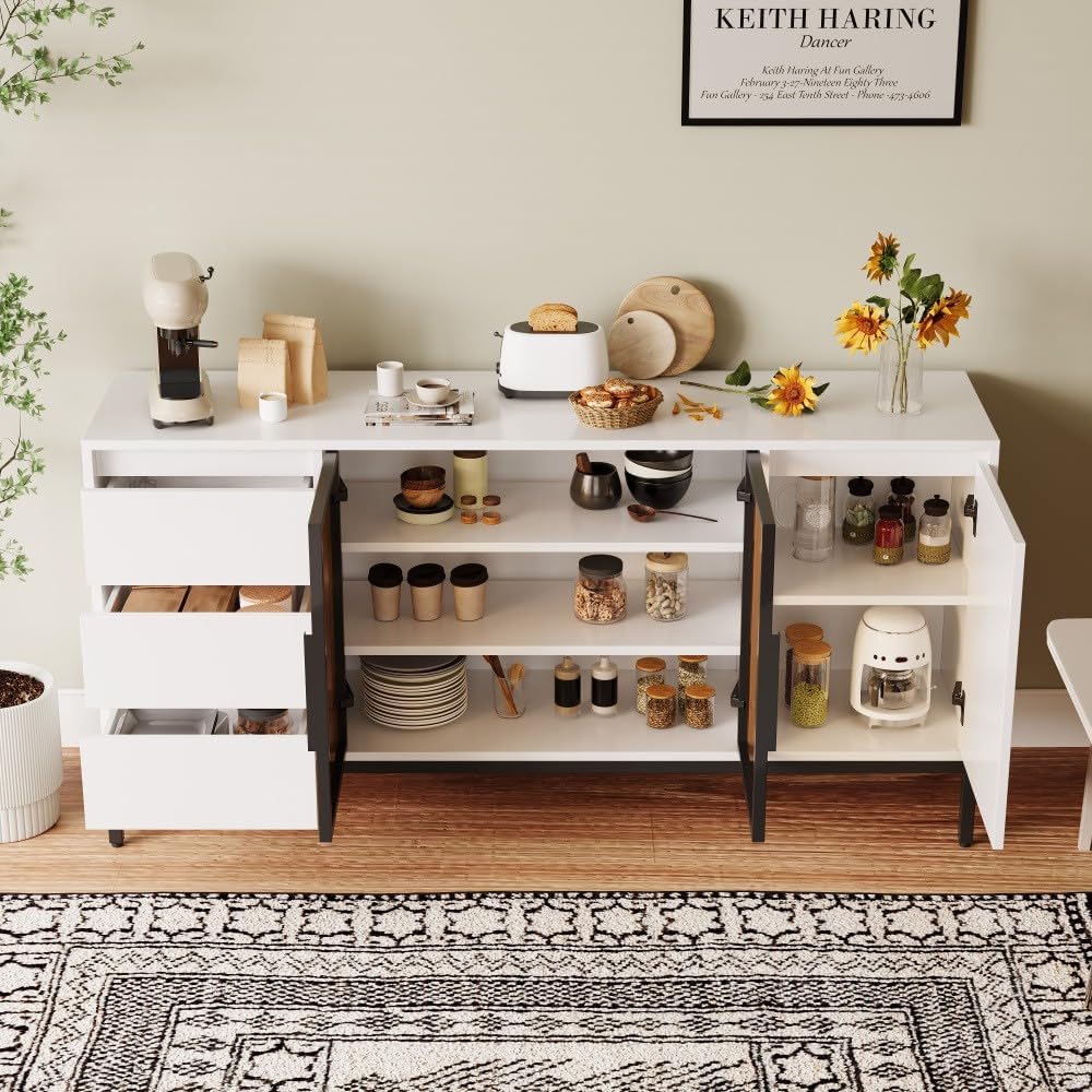ya 28 10.13 baidi White Buffet Cabinet - Storage, Doors + 3 Drawers, Pantry/Console for Kitch