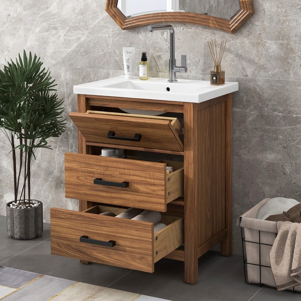 ya 28 10.13 baidi 24'' Bathroom Vanity Modern Ceramic Basin - 3 Drawers Cabinet, Single Sink