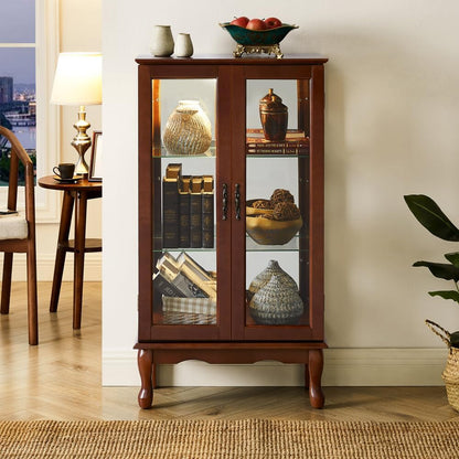 ya 28 10.13 baidi Lighted Curio Cabinet Adjustable Shelves Mirrored Back Tempered Glass Doors