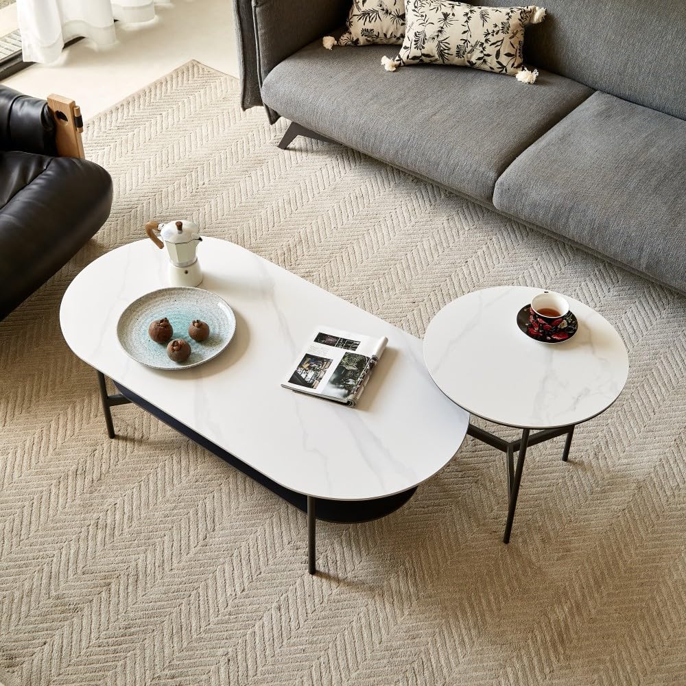 ya 28 10.13 baidi Ceramic White Coffee Table,MDF Painted,Double Layer Bottom Shelf for Living