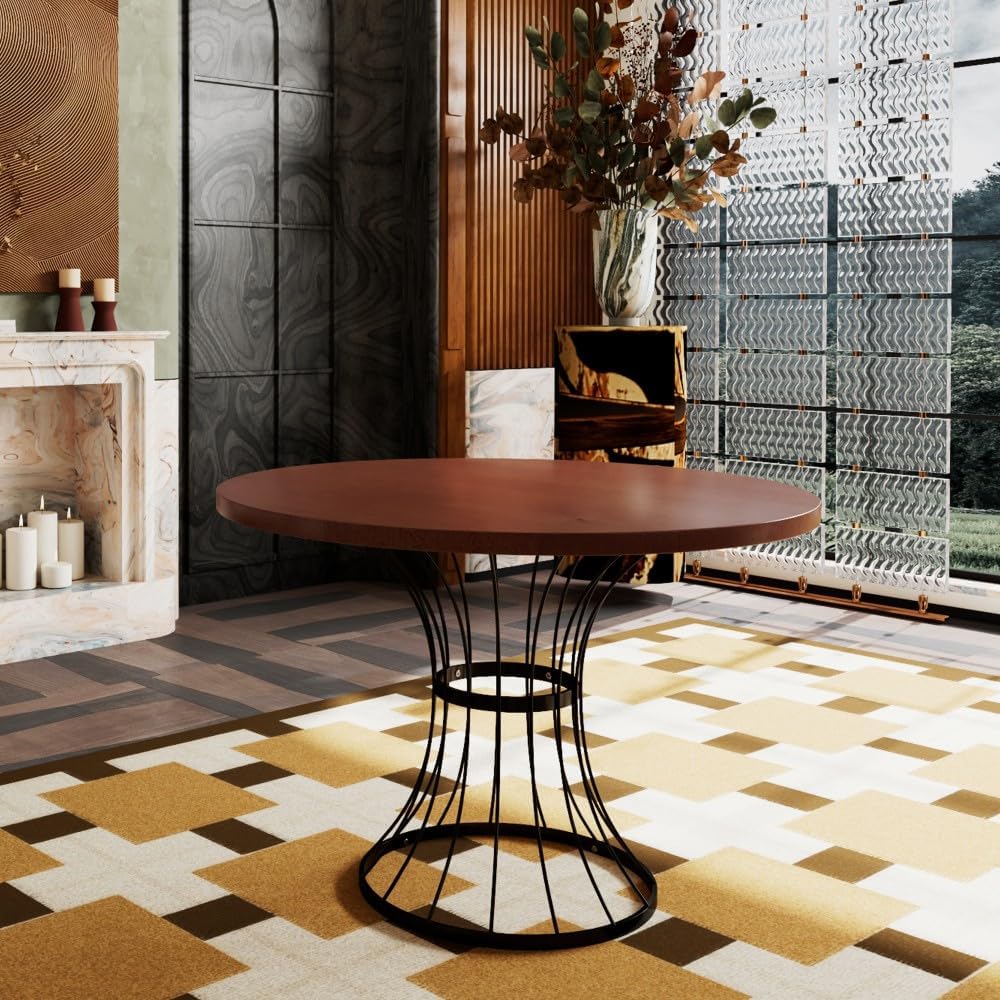 ya 28 10.13 baidi 42 Round Oak Veneer Dining Table - Solid Wood-Look , Wrought-Iron Base