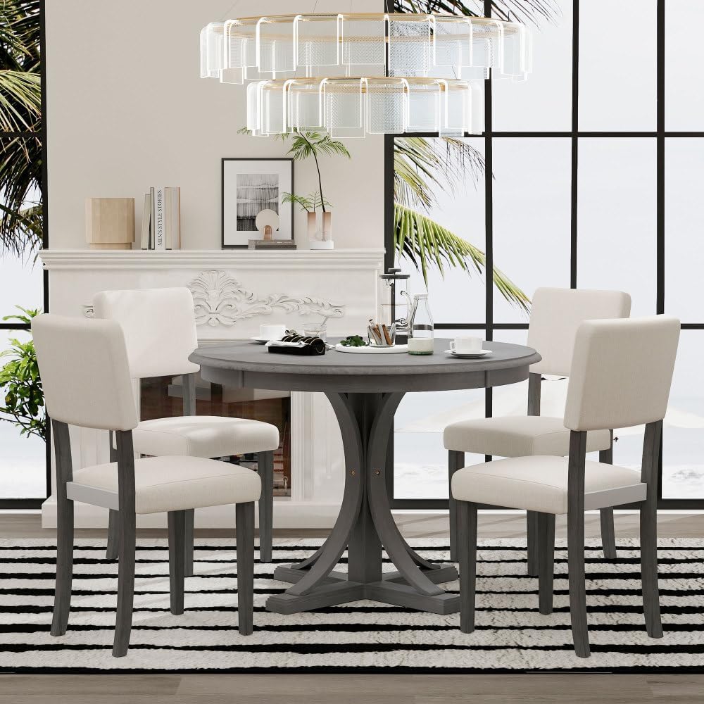 ya 28 10.13 baidi 5pc Retro Round Dining Set Dark Gray, Curved Trestle Legs, 4 Upholstered Ch