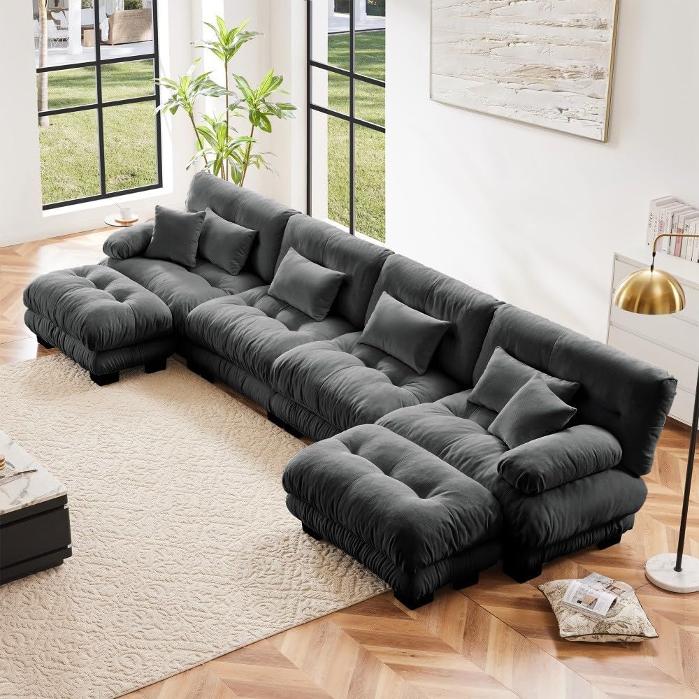 ya 28 10.13 baidi Chenille Modular Sofa Gray,4-Seater Cloud Couch + 2 Ottomans, Combination