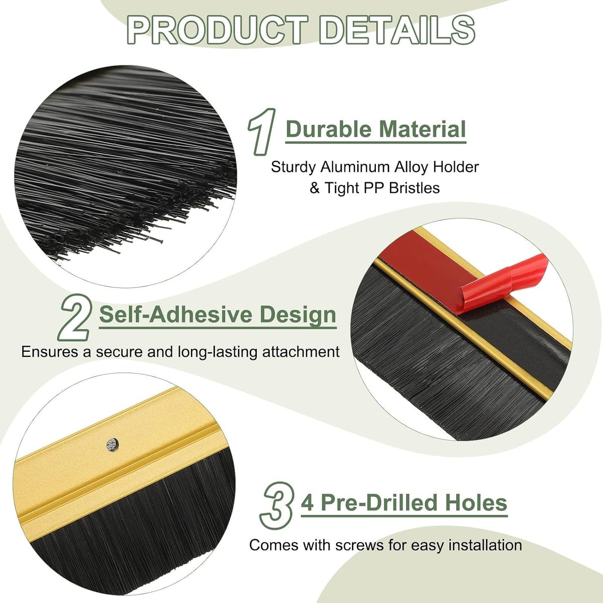 ya 26 10.21 baidi Door Sweep Brush Sweeps 3.5 Black PP Brush 39L x 4.5W -H-Shape(2 Pcs, Gold)