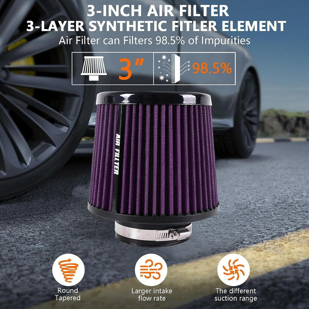 ya 13 9.15 baidi Purple 3 76mm High Flow Inlet Cold Air Intake Cone Replacement Dry Air Filter