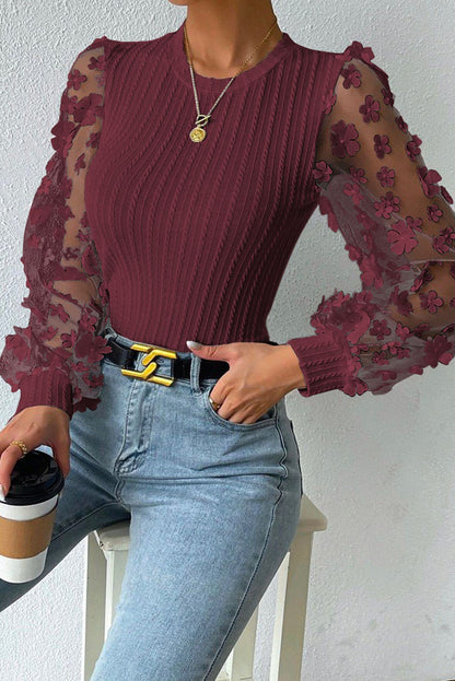 Double Take Textured Applique Long Sleeve Blouse - Create the impossible