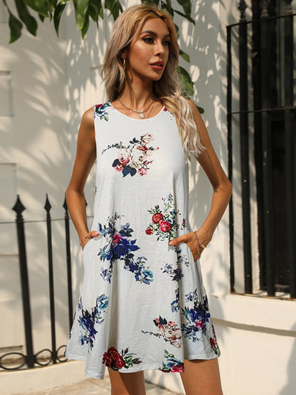 Printed Round Neck Sleeveless Dress with Pockets