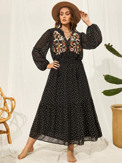 Plus Size Embroidered Tassel Balloon Sleeve Dress - Create the impossible