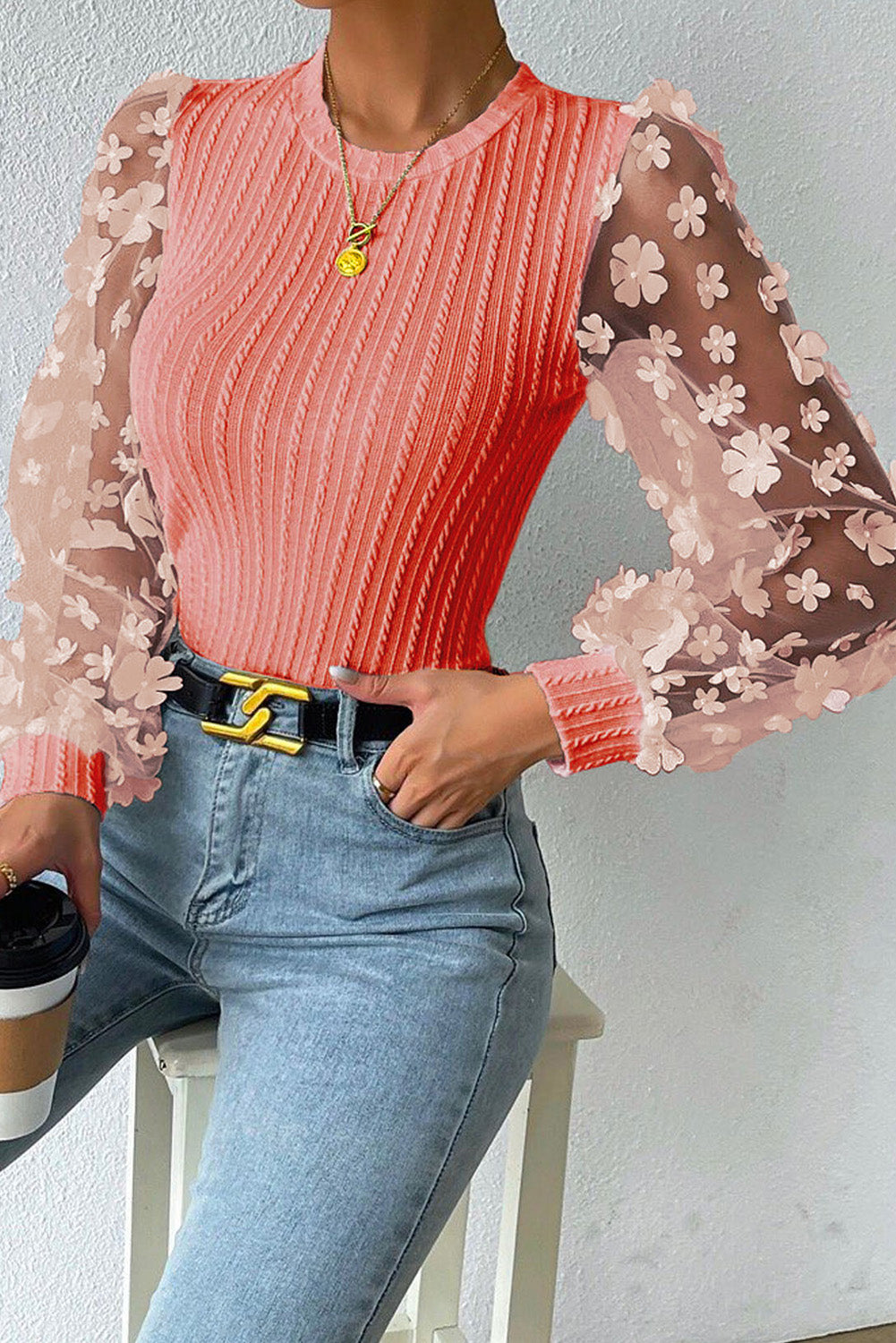 Double Take Textured Applique Long Sleeve Blouse - Create the impossible