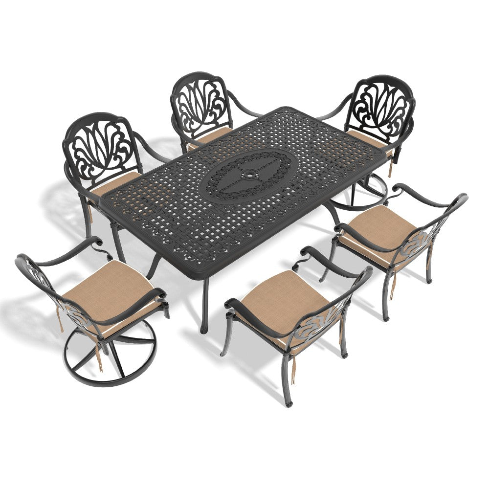 ya 28 7-Piece Black All-Weather Cast Aluminum Dining Set,2 Swivel,Rectangular Table