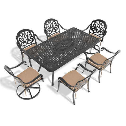 ya 28 7-Piece Black All-Weather Cast Aluminum Dining Set,2 Swivel,Rectangular Table