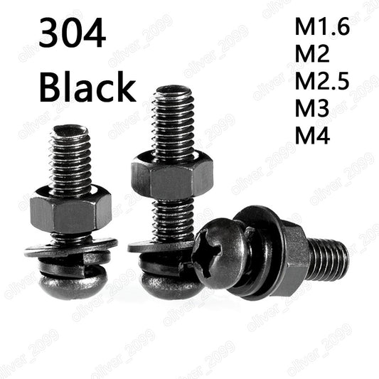 Black 304 Stainless Steel Phillips Pan Head Screws Hex Nuts Flat Spring Washers