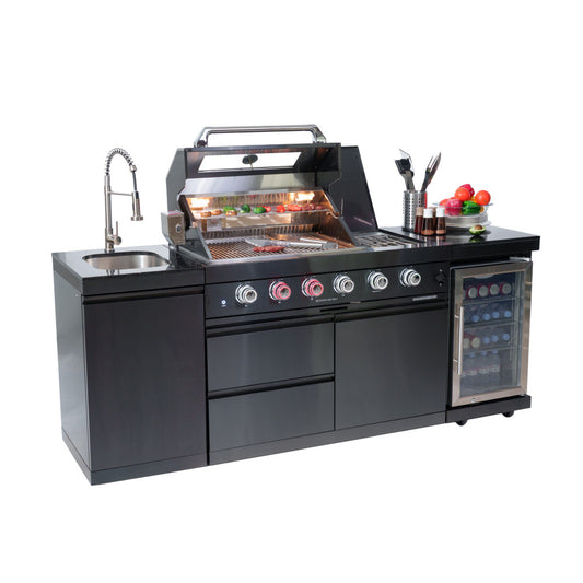 ya 28 46 4-Burner 72K BTU Outdoor Grill Island w/ Fridge,Wine Cooler,Rotisserie,Black