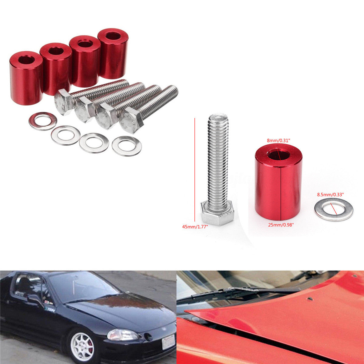 ya 1 6.30 4 Pcs Hood Risers Red Aluminum Hood Vent Spacers Kit for 8mm Bolt Turbo Engine