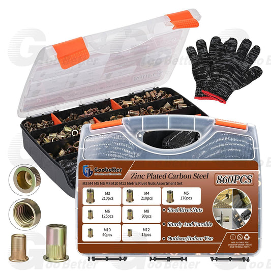 860Pc Rivet Nuts Kit Carbon Steel Rivet Nut Insert Nutsert M3~M12 Assortment Kit