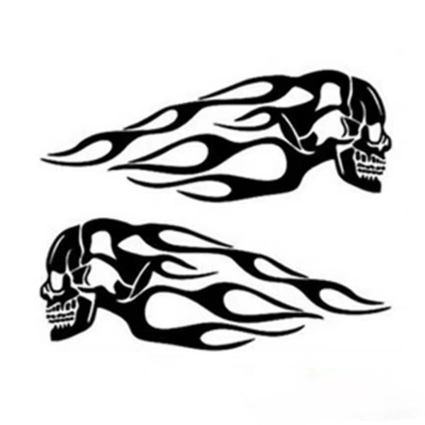 ya 2 7.16 2Pcs Black Motorcycle Skull Flame Stripes Gas Tank Vinyl Decal Sticker Universal