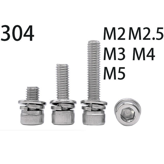 304 Stainless Steel Hex Socket Cap Head SEMS Screws Flat Spring Washers M2-M5