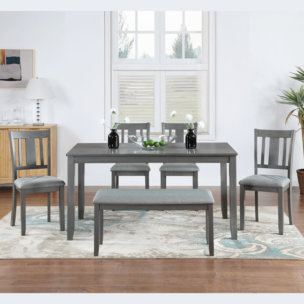 ya 28 6-Piece Dining Set Gray,Rectangular Wood Table, 4 Chairs & Bench, Seats 6