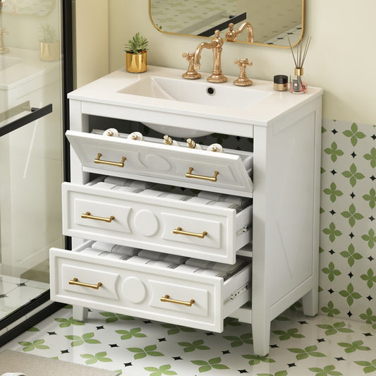 ya 28 30'' Bathroom Vanity w/Ceramic Sink Combo 3 Drawers, Solid Wood Storage, White