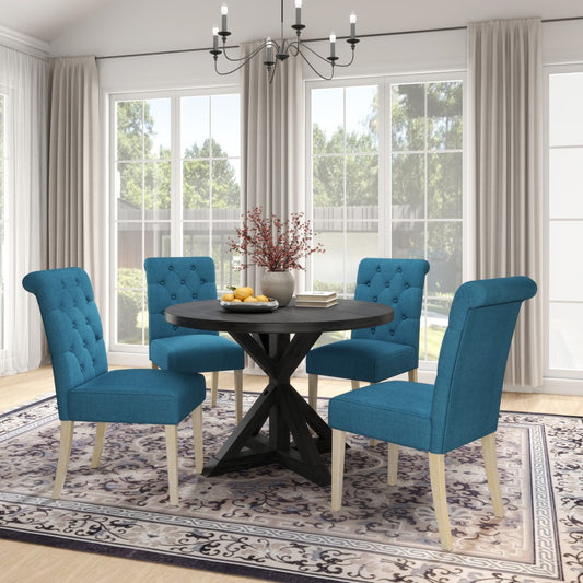 ya 28 Banff 5-piece Dining Set Blue, Cross-Buck Round Table with 4 Tufted Chairs