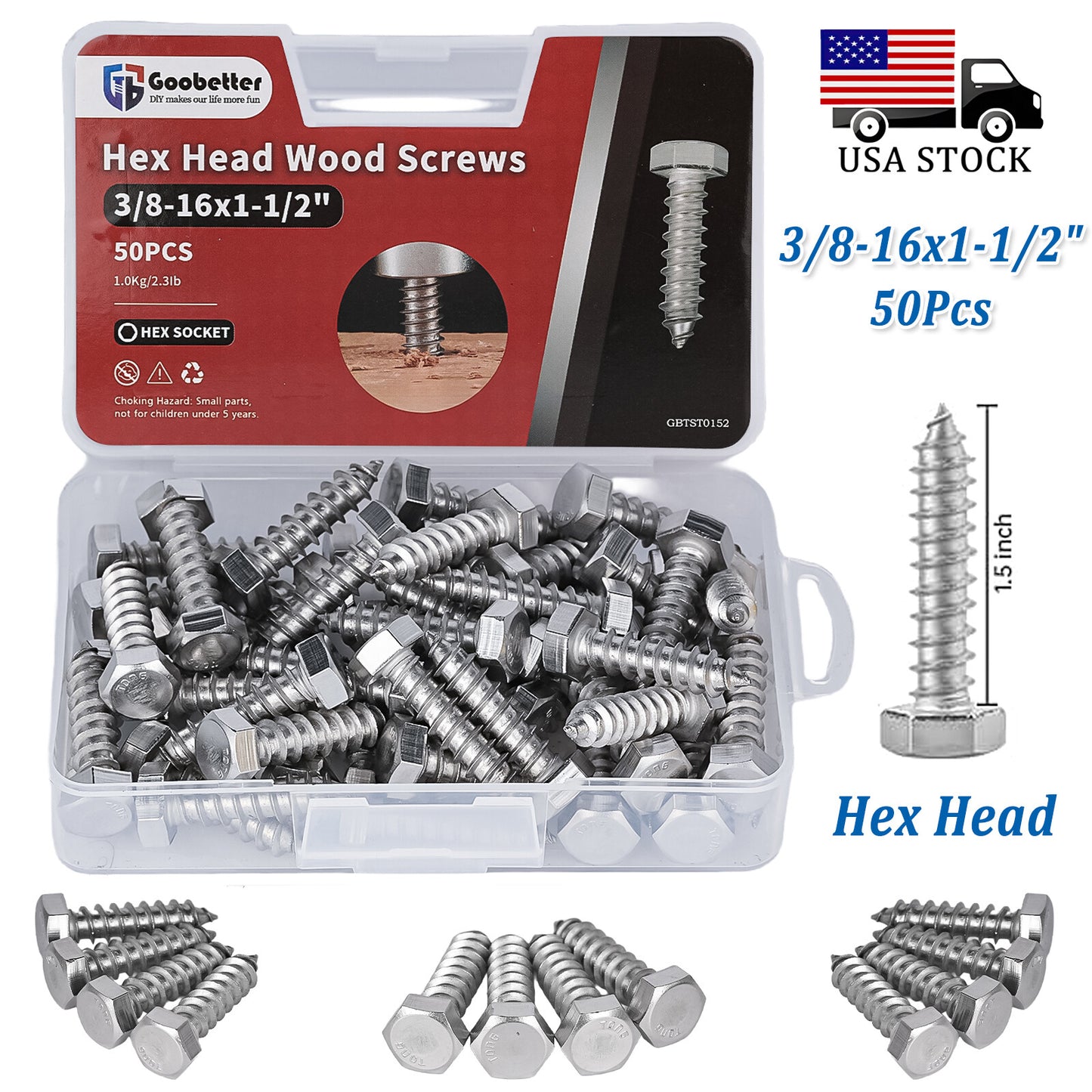 50Pcs Hex Head 3/8 x 1-1/2  Lag Bolts Plate Wood Screws Stainless Steel Screws