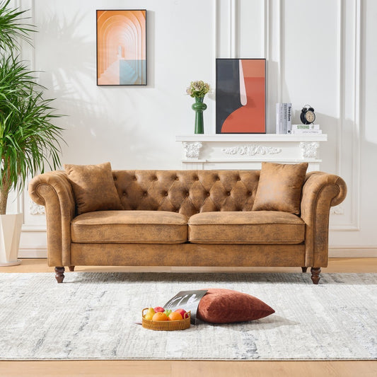 ya 28 83 Brown Modern Chesterfield Tech Fabric Sofa w/Roll Armrest,3 Seater
