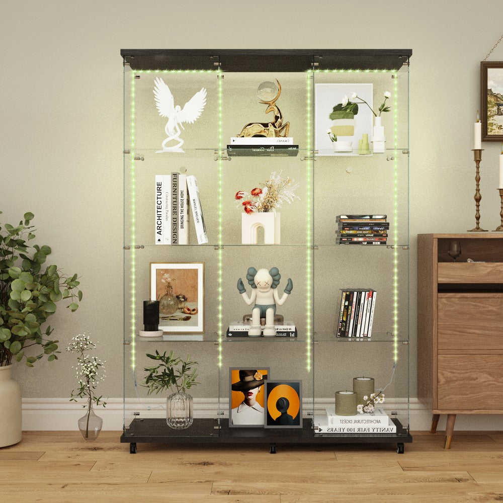 ya 28 Tempered Glass Black Display Cabinet - W/Bluetooth LED Light Strip,Caster